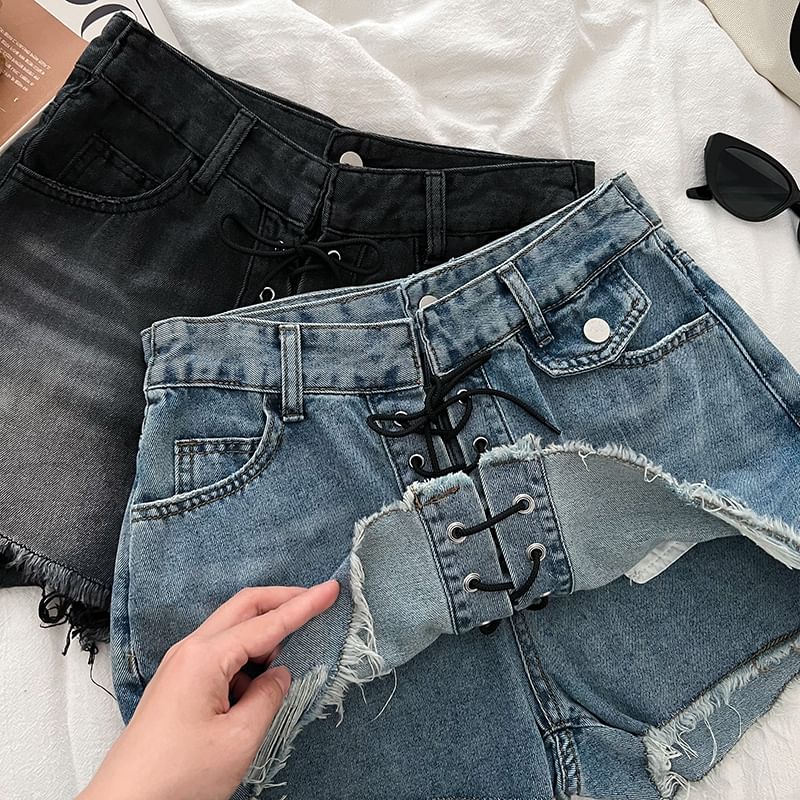 High Waist Washed Frayed Distressed Lace-Up Denim Mini A-Line Skort