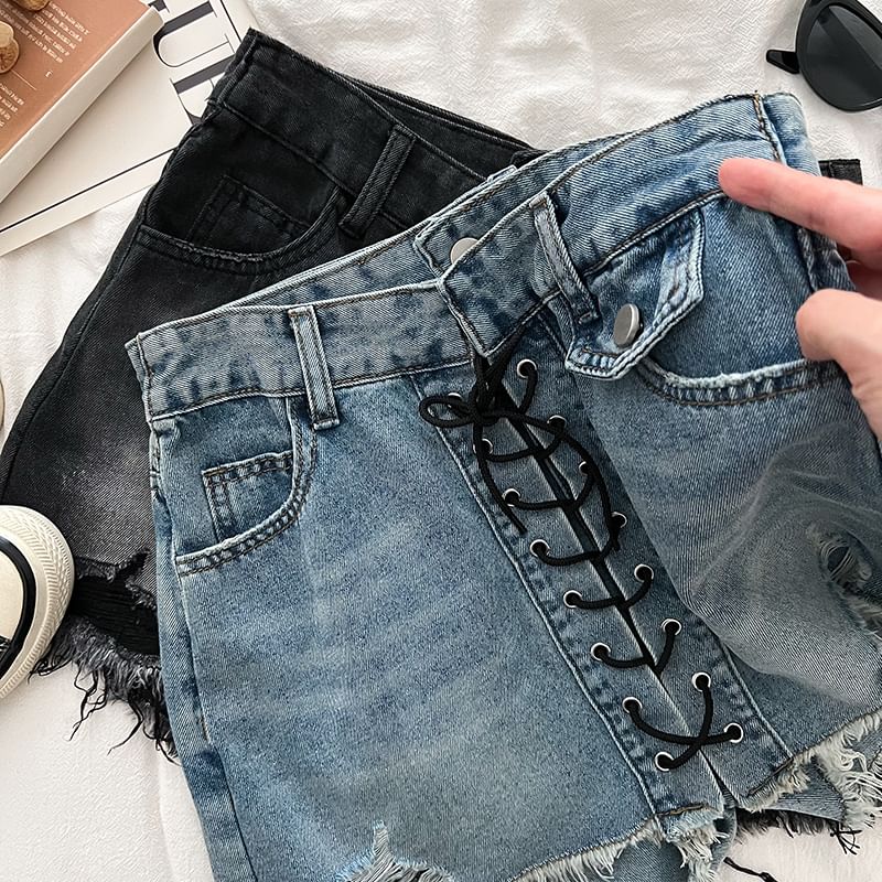 High Waist Washed Frayed Distressed Lace-Up Denim Mini A-Line Skort