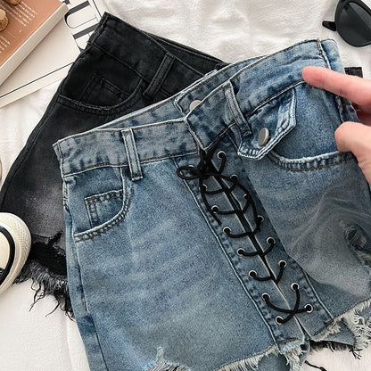 High Waist Washed Frayed Distressed Lace-Up Denim Mini A-Line Skort