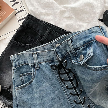 High Waist Washed Frayed Distressed Lace-Up Denim Mini A-Line Skort