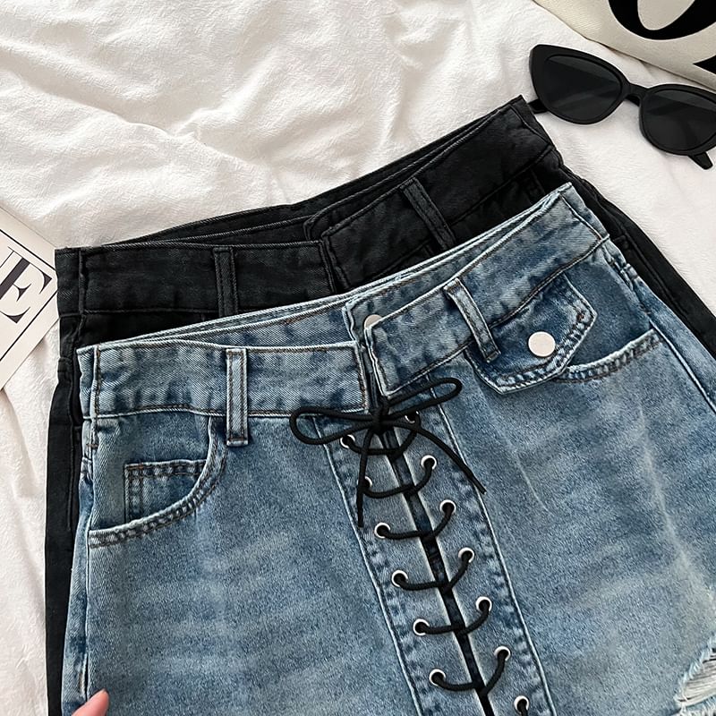 High Waist Washed Frayed Distressed Lace-Up Denim Mini A-Line Skort