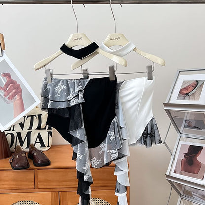 Set: Asymmetrical Lace Panel Ruffle Trim Crop Tube Top + Choker