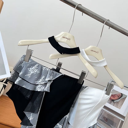 Set: Asymmetrical Lace Panel Ruffle Trim Crop Tube Top + Choker