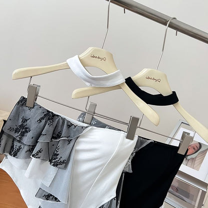 Set: Asymmetrical Lace Panel Ruffle Trim Crop Tube Top + Choker