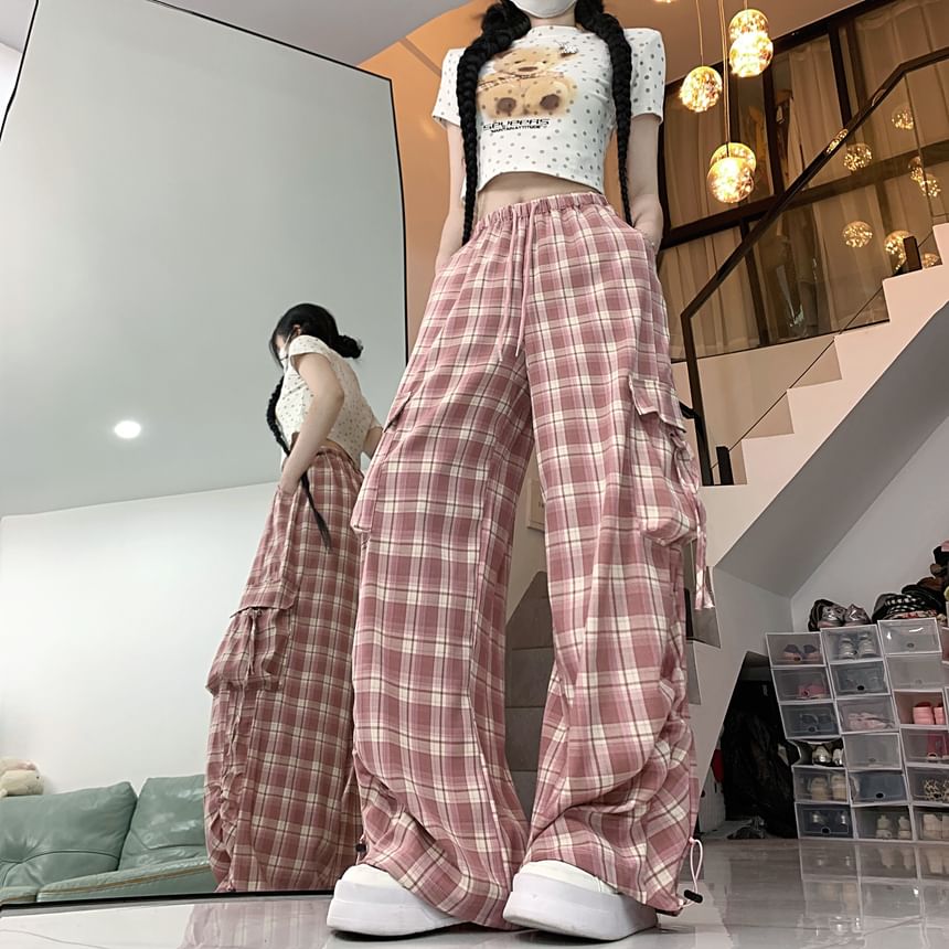 High Waist Plaid Baggy Cargo Pants