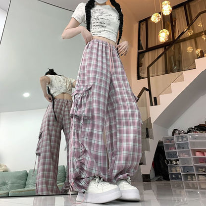 High Waist Plaid Baggy Cargo Pants