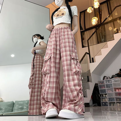 High Waist Plaid Baggy Cargo Pants