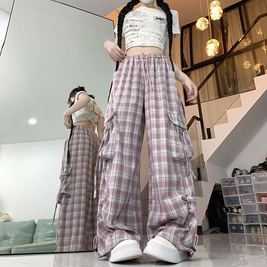 High Waist Plaid Baggy Cargo Pants