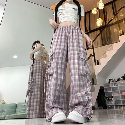 High Waist Plaid Baggy Cargo Pants