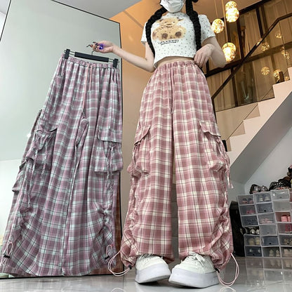 High Waist Plaid Baggy Cargo Pants