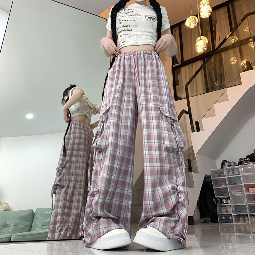 High Waist Plaid Baggy Cargo Pants
