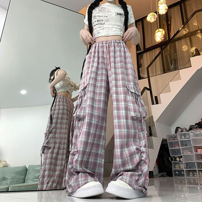 High Waist Plaid Baggy Cargo Pants