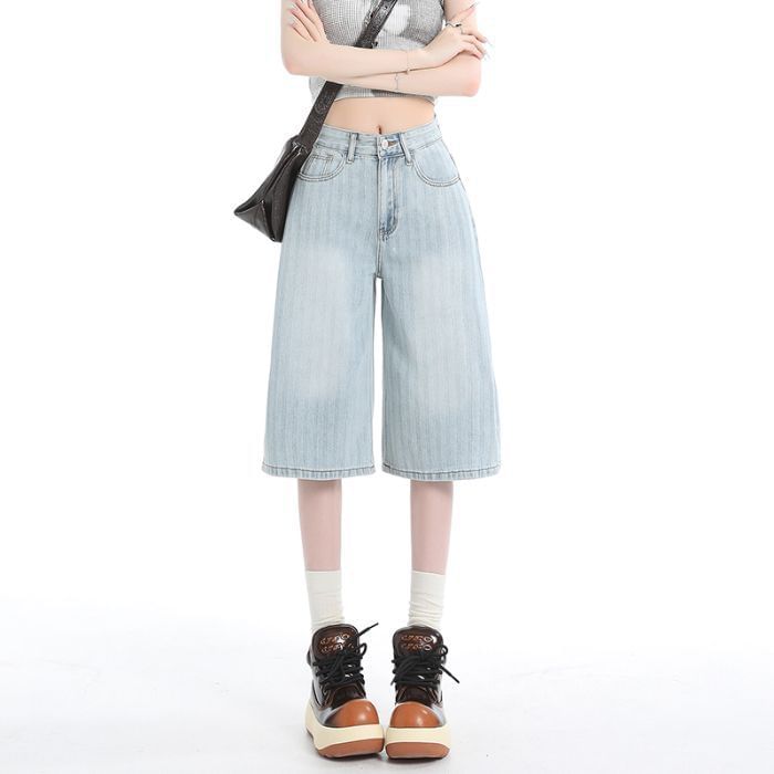 Mid Rise Washed Wide Leg Jorts