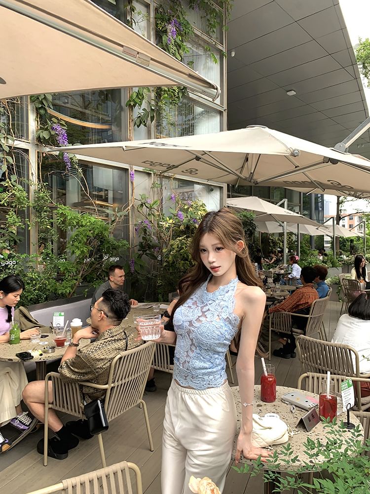 Halter Neck Open Back Lace Crop Top / Elastic Waist Plain Fringed Shorts / Flared Pants