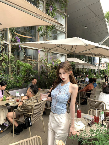 Halter Neck Open Back Lace Crop Top / Elastic Waist Plain Fringed Shorts / Flared Pants