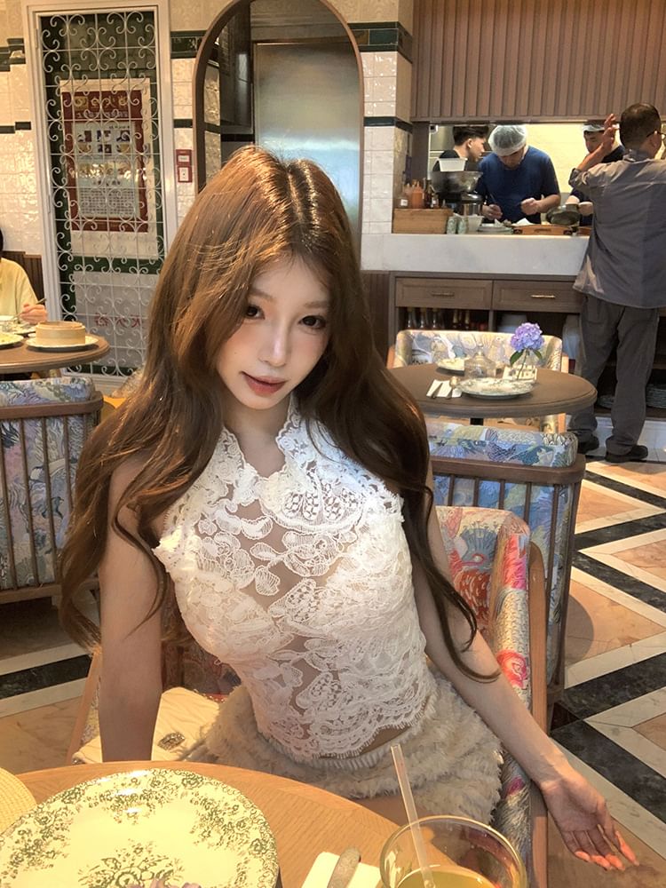 Halter Neck Open Back Lace Crop Top / Elastic Waist Plain Fringed Shorts / Flared Pants
