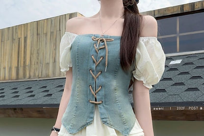 Puff-Sleeve Square Neck Denim Panel Lace-Up Crop Blouse / High Waist Plain Frill Trim Mini A-Line Skirt