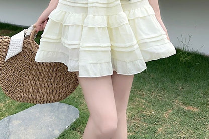 Puff-Sleeve Square Neck Denim Panel Lace-Up Crop Blouse / High Waist Plain Frill Trim Mini A-Line Skirt