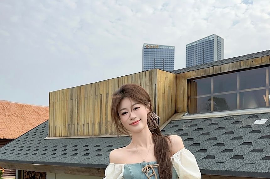 Puff-Sleeve Square Neck Denim Panel Lace-Up Crop Blouse / High Waist Plain Frill Trim Mini A-Line Skirt