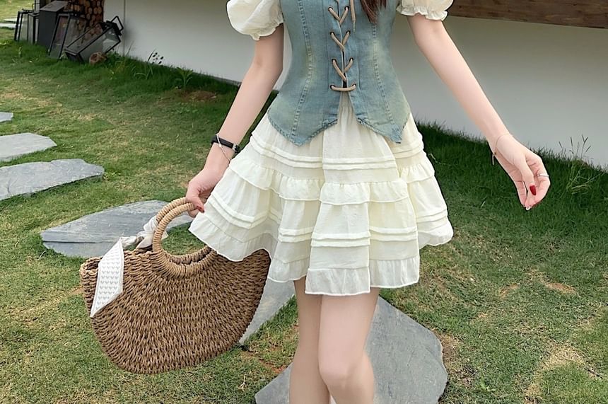 Puff-Sleeve Square Neck Denim Panel Lace-Up Crop Blouse / High Waist Plain Frill Trim Mini A-Line Skirt