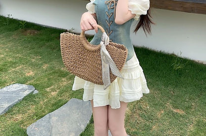 Puff-Sleeve Square Neck Denim Panel Lace-Up Crop Blouse / High Waist Plain Frill Trim Mini A-Line Skirt