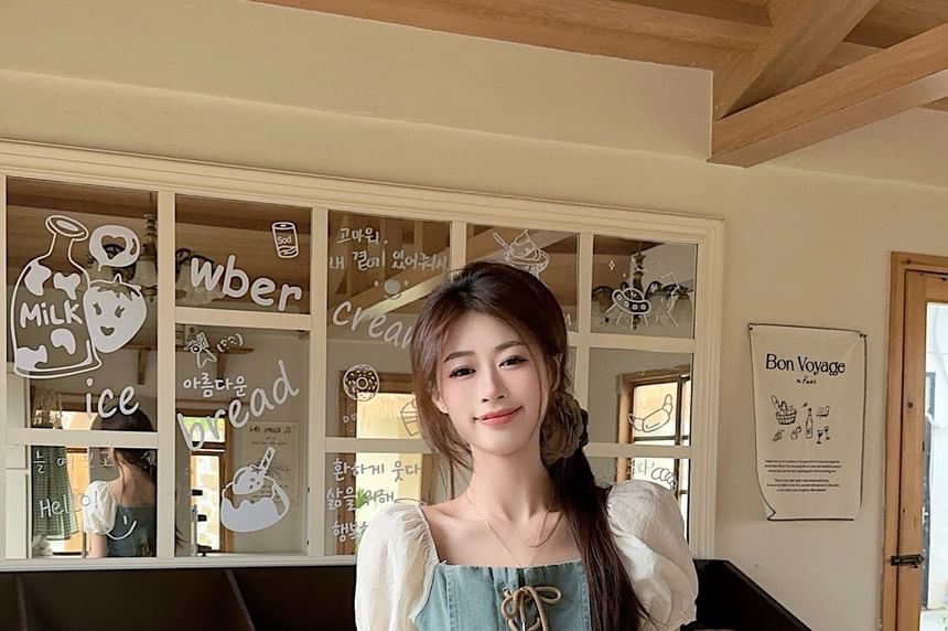 Puff-Sleeve Square Neck Denim Panel Lace-Up Crop Blouse / High Waist Plain Frill Trim Mini A-Line Skirt