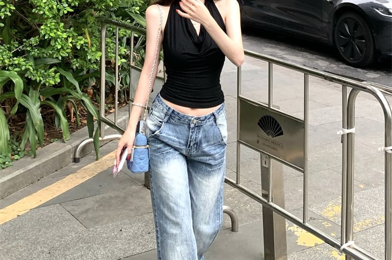 Halter Cowl Neck Plain Lace Panel Racerback Slim Fit Crop Top