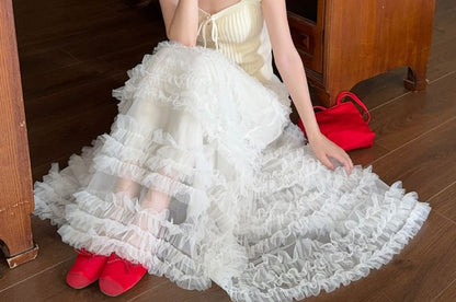 Cap-Sleeve Square Neck Lace-Up Plain Crop Top / High Rise Frill Trim Tiered Mesh Maxi A-Line Skirt