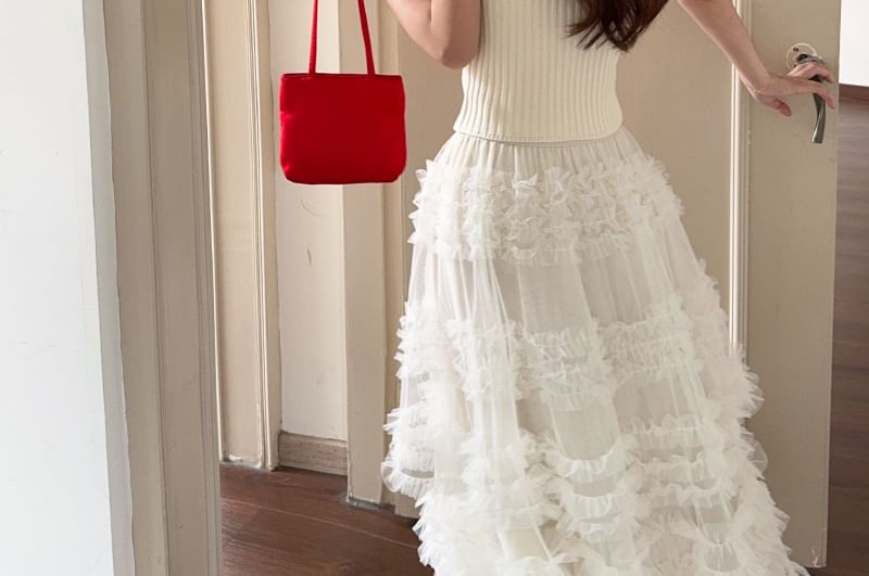 Cap-Sleeve Square Neck Lace-Up Plain Crop Top / High Rise Frill Trim Tiered Mesh Maxi A-Line Skirt