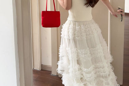 Cap-Sleeve Square Neck Lace-Up Plain Crop Top / High Rise Frill Trim Tiered Mesh Maxi A-Line Skirt