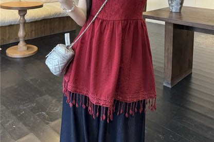 V-Neck Plain Lace Panel Fringed Flowy Cami Top / High Rise Wide Leg Pants