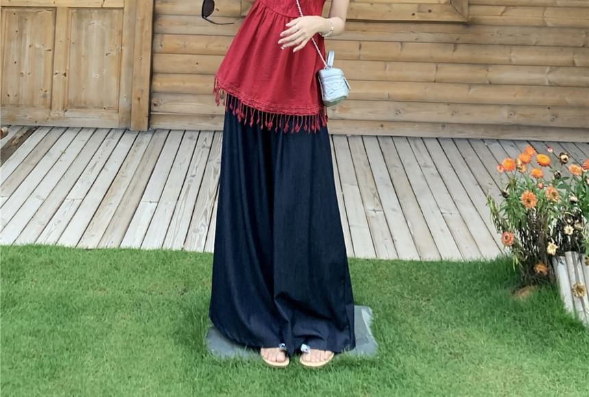 V-Neck Plain Lace Panel Fringed Flowy Cami Top / High Rise Wide Leg Pants