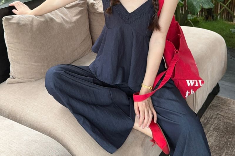 V-Neck Lace Panel Flowy Camisole Top / High Waist Plain Wide Leg Pants
