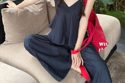 V-Neck Lace Panel Flowy Camisole Top / High Waist Plain Wide Leg Pants