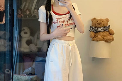 Set: Drawstring Waist Plain Baggy Cargo Pants + Decorative Hem