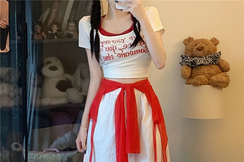 Set: Drawstring Waist Plain Baggy Cargo Pants + Decorative Hem
