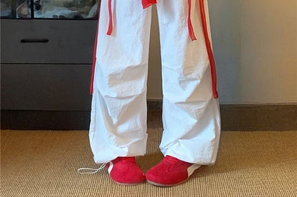 Set: Drawstring Waist Plain Baggy Cargo Pants + Decorative Hem