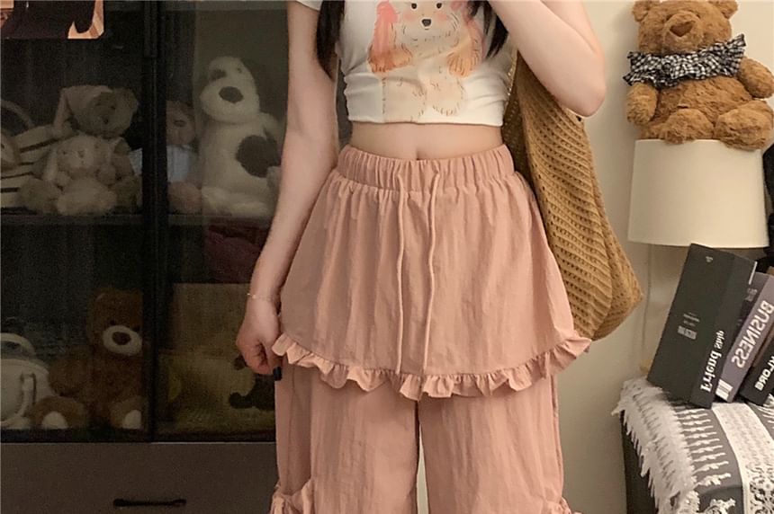 Drawstring Waist Plain Frill Trim Skirt Overlay Wide Leg Cargo Pants