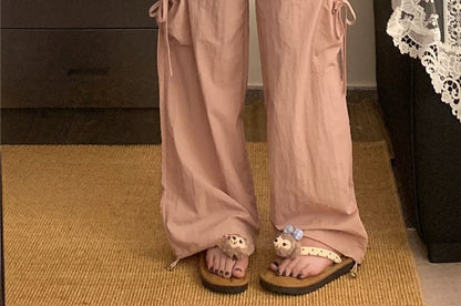 Drawstring Waist Plain Frill Trim Skirt Overlay Wide Leg Cargo Pants