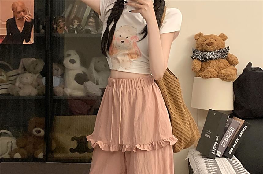 Drawstring Waist Plain Frill Trim Skirt Overlay Wide Leg Cargo Pants