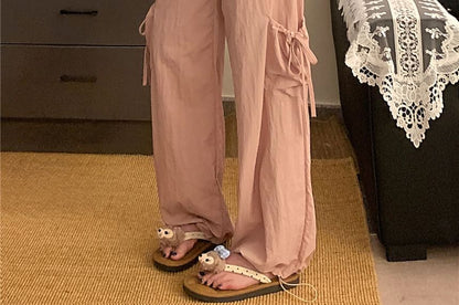 Drawstring Waist Plain Frill Trim Skirt Overlay Wide Leg Cargo Pants