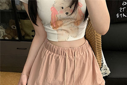 Drawstring Waist Plain Frill Trim Skirt Overlay Wide Leg Cargo Pants