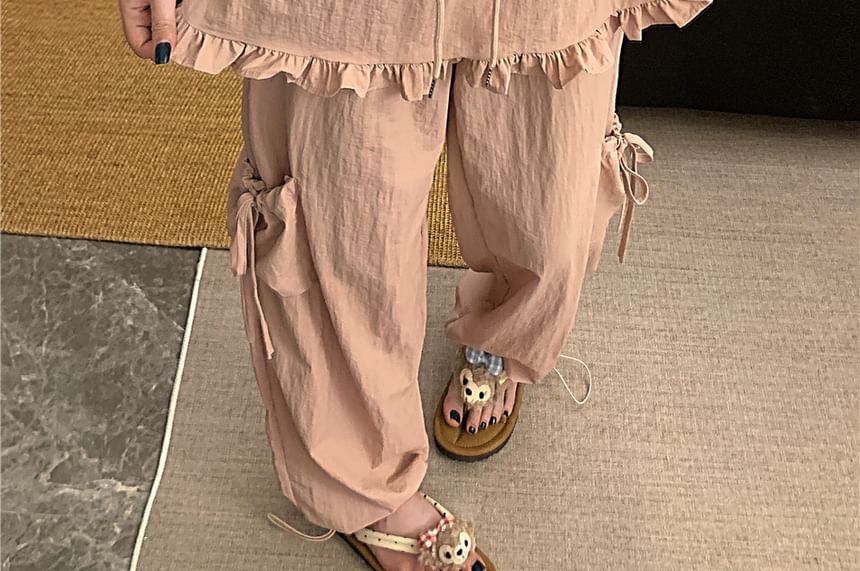Drawstring Waist Plain Frill Trim Skirt Overlay Wide Leg Cargo Pants