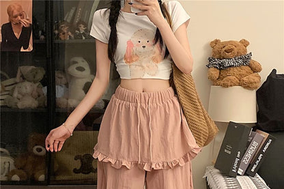 Drawstring Waist Plain Frill Trim Skirt Overlay Wide Leg Cargo Pants