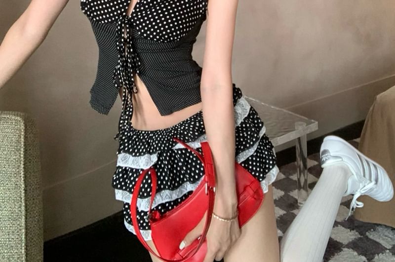 Sleeveless Dotted Tie Front Crop Top & Lace Skort Set
