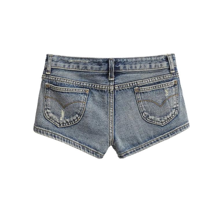 Low Rise Washed Distressed Denim Hot Pants