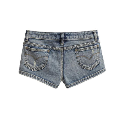 Low Rise Washed Distressed Denim Hot Pants