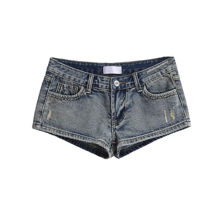 Low Rise Washed Distressed Denim Hot Pants