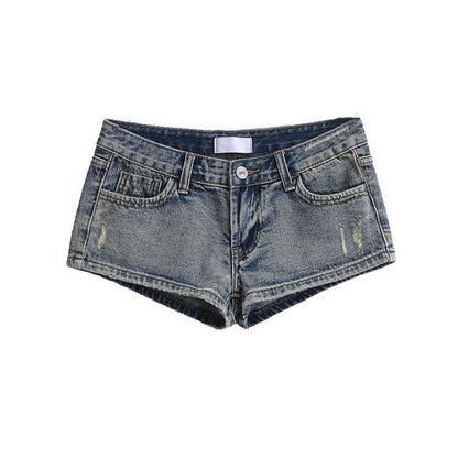 Low Rise Washed Distressed Denim Hot Pants