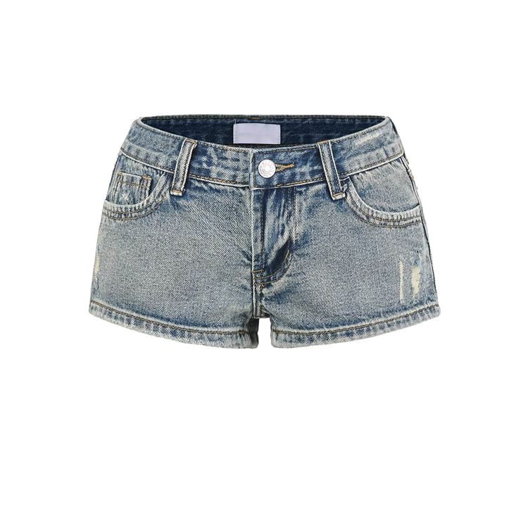 Low Rise Washed Distressed Denim Hot Pants